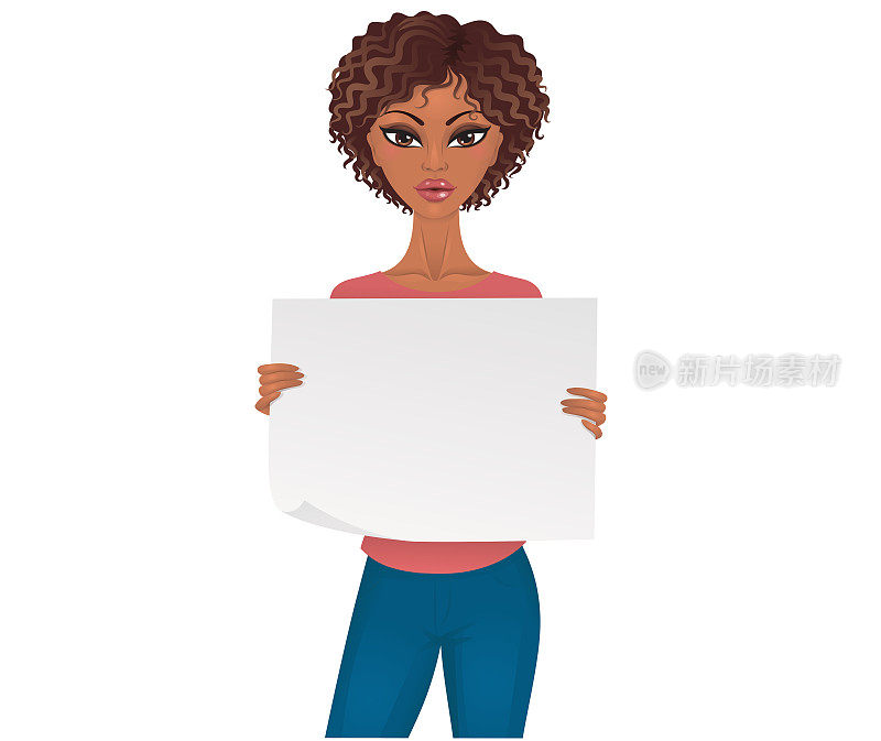 Cute afro-american woman holding an empty piece of paper.